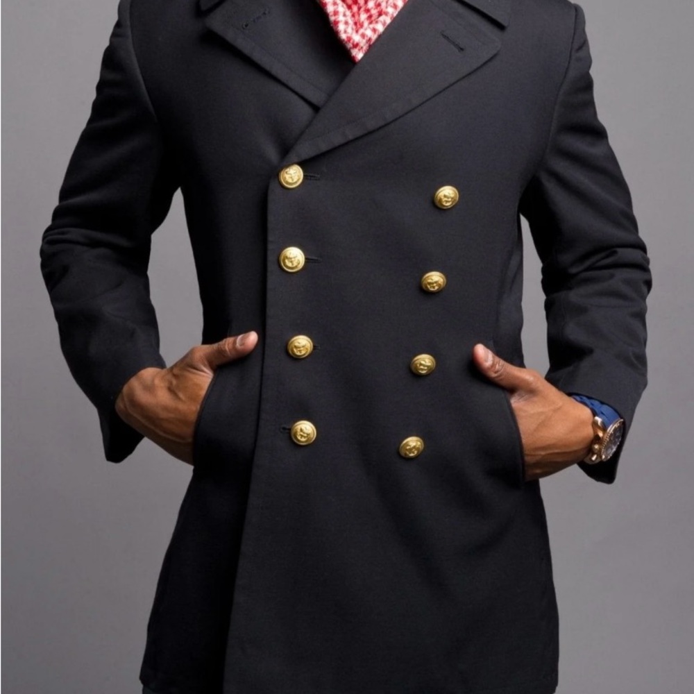 Men's vintage black gabardine navy peacoat.